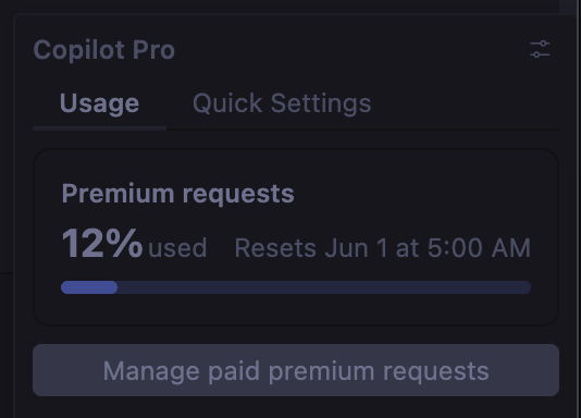 GitHub Copilot Pro usage panel showing 12 percent used with June 1 reset date