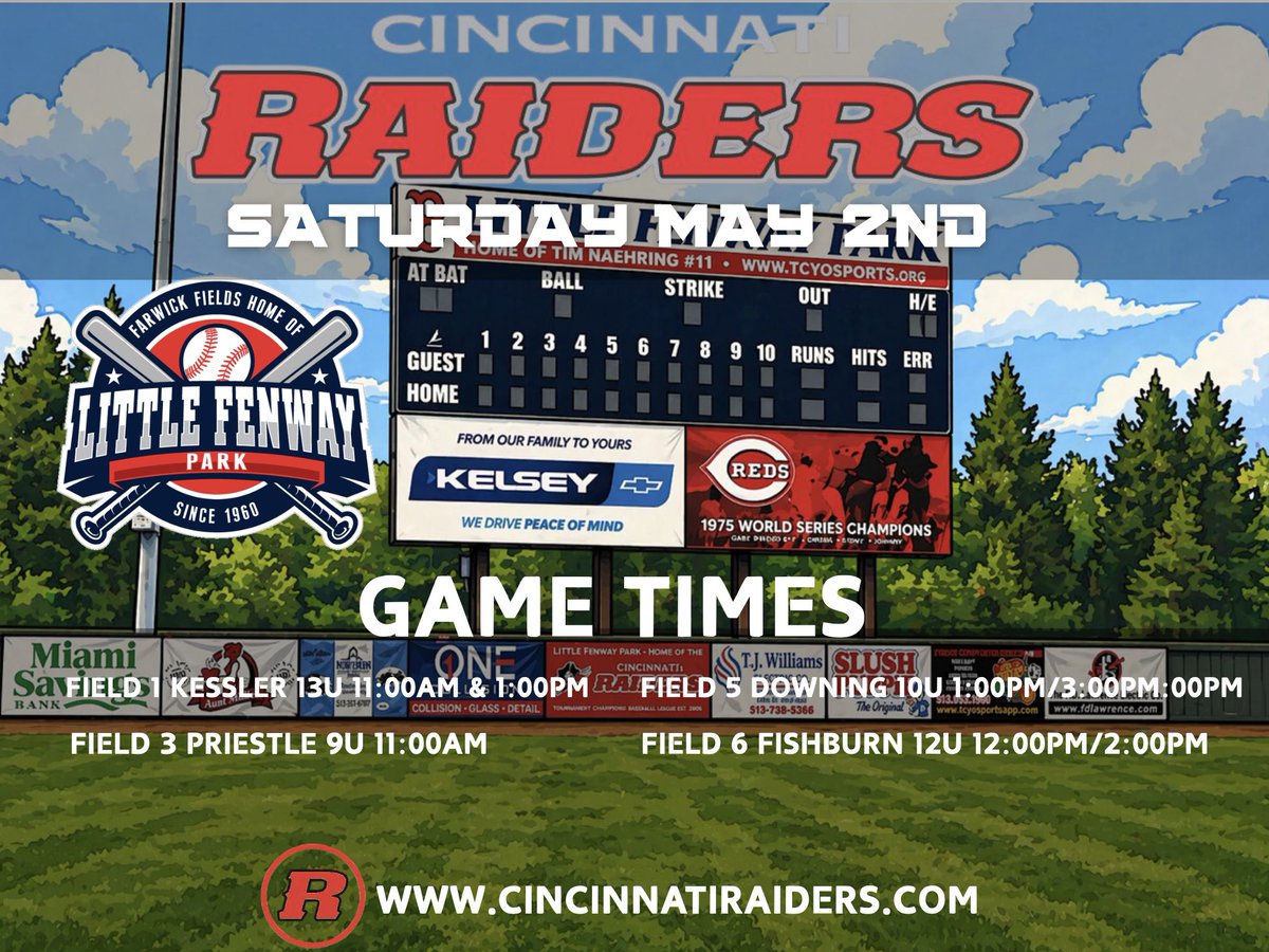 Cincy_Raiders's tweet photo. Full slate of Raider Games at Little Fenway Park for Saturday May 2nd. Kicking off a busy month of baseball at the Park.
#raideready #littlefenwaypark https://t.co/oX9ygfgM0B