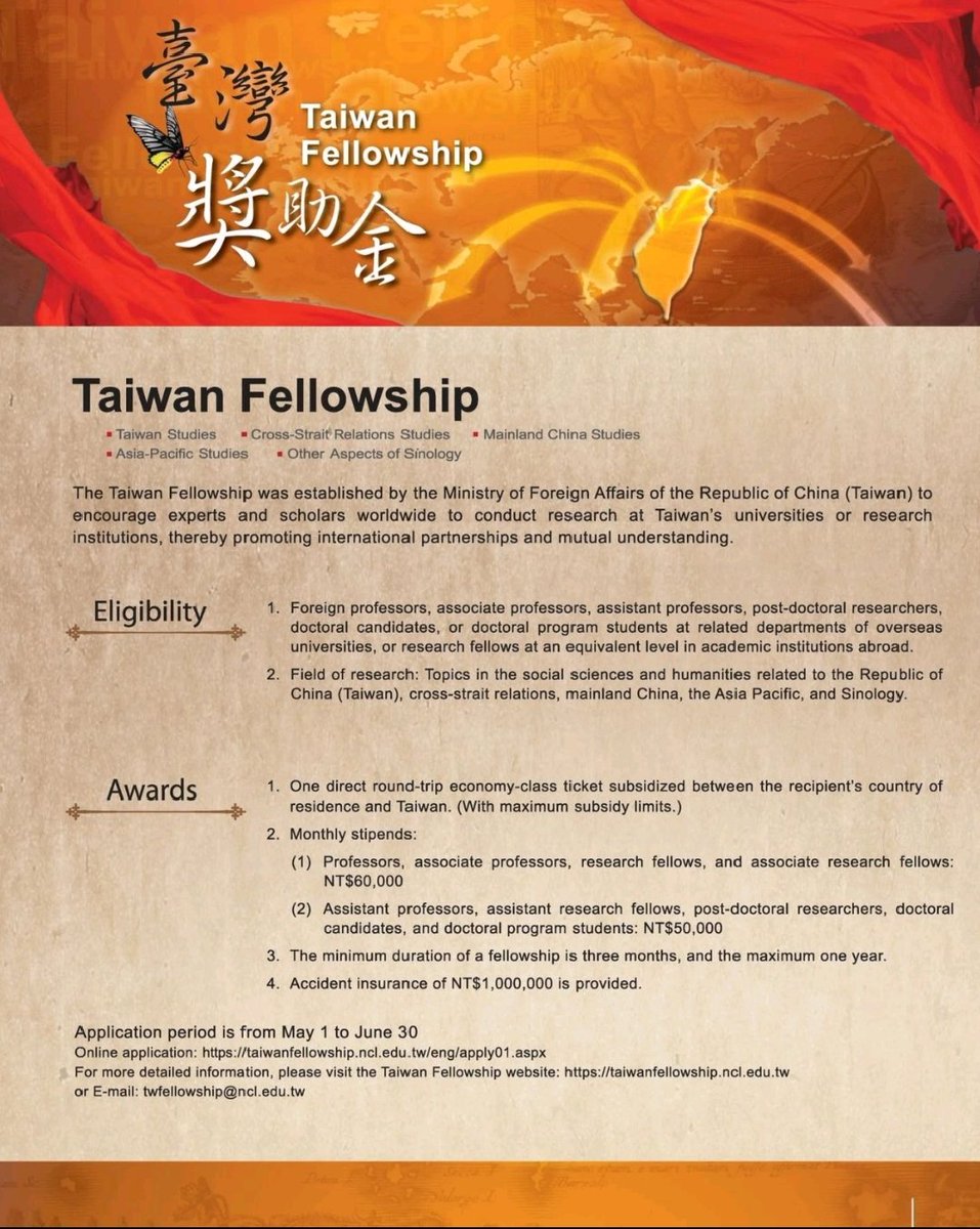 aminatmusa795's tweet image. Application for the 2027 Taiwan Fellowship is open. This offers international scholars and experts the chance to undertake advanced research at top universities and institutions in Taiwan.

Check the flyer for details 

#research #studyabroad #globalopportunities