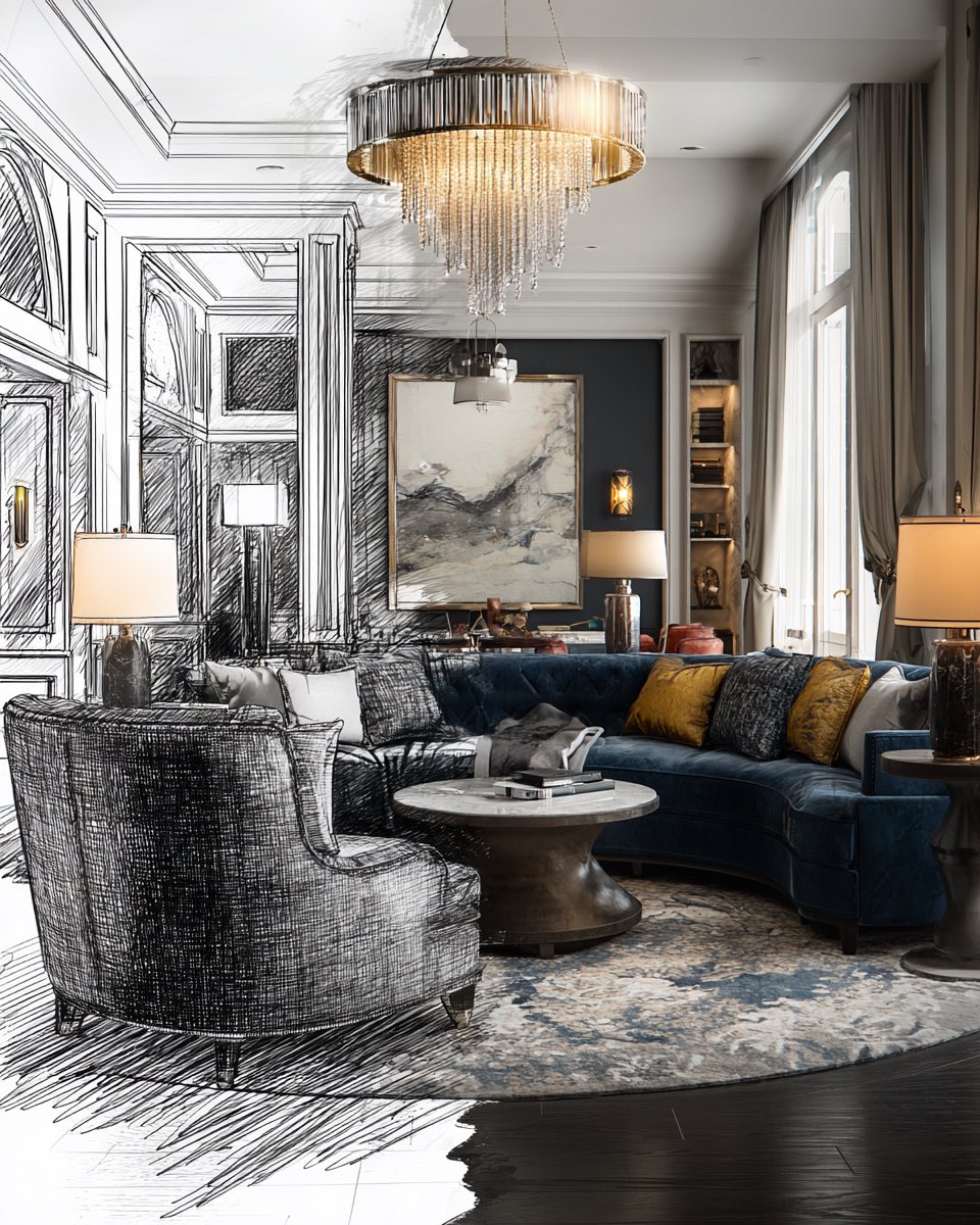 DigitalDaizy's tweet image. Sketchy ☕️ 🖼️ 
Traditional, love curved furniture 
#midjourney #interiordesign #originalcontent