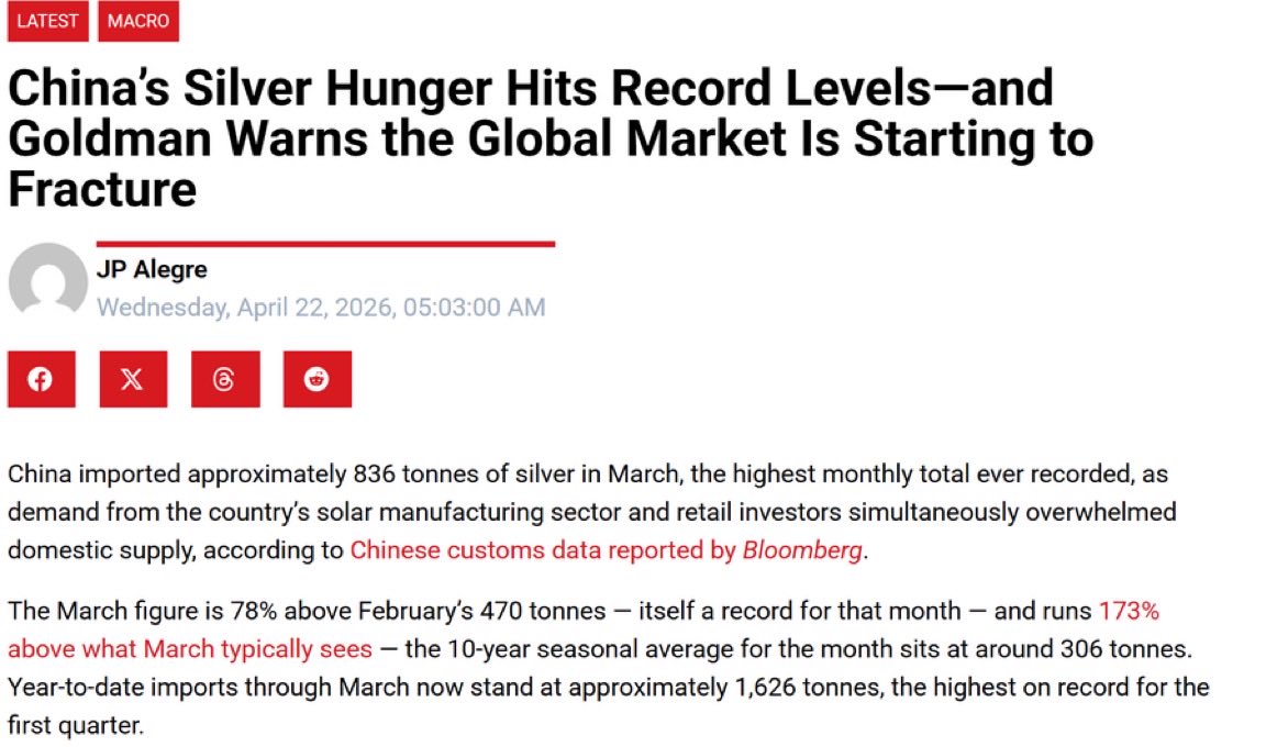 RealSilverDaddy's tweet image. There are serious consequences to shipping large volumes of artificially price-suppressed physical #SILVER to China and depleting Western physical silver vaults.

🚨China’s Silver Hunger Just Hit RECORD Levels — Global Market Starting to Fracture!🚨

👉According to The Deep Dive: