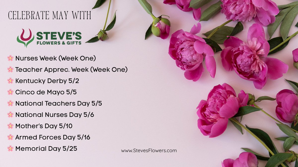 Stevesflowers's tweet image. From May Day blooms to Memorial Day honors—and making Mom’s day extra special on May 10th! 🩷🌺 Celebrate May’s special moments with Steve's Flowers.  💐

#May2026 #MothersDay #MemorialDay #StevesFlowers #CelebrateLifeWithFlowers