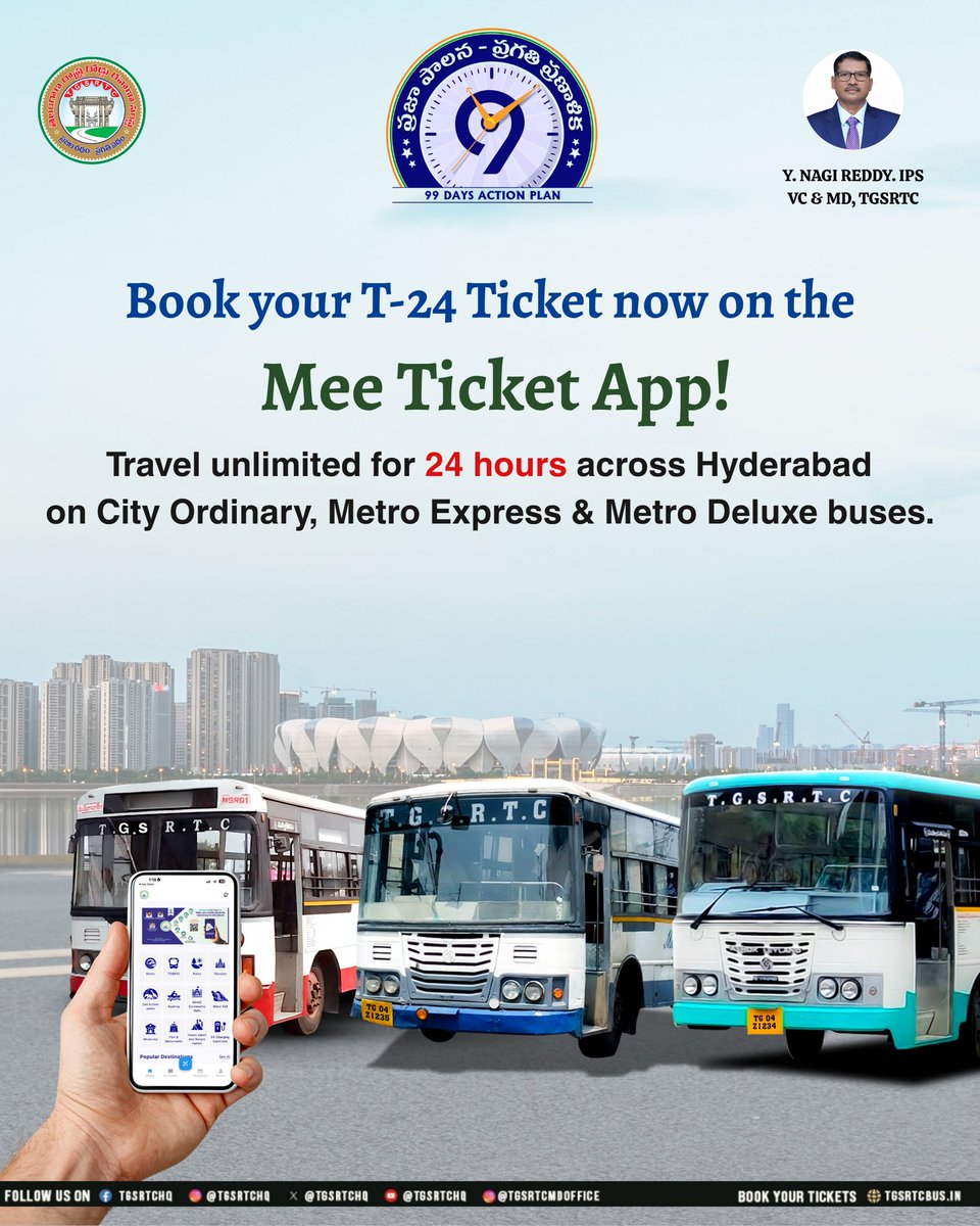TGSRTCHQ's tweet photo. One ticket. Endless rides. 🚌
Explore every corner of Hyderabad with the T-24 pass on Mee Ticket App.

#T24Pass #MeeTicket #TGSRTC #HyderabadDiaries #TravelUnlimited #CityLife #BusTravel #SmartMove #UrbanTravel #ExploreHyderabad

⸻ https://t.co/a4DduTOt3X