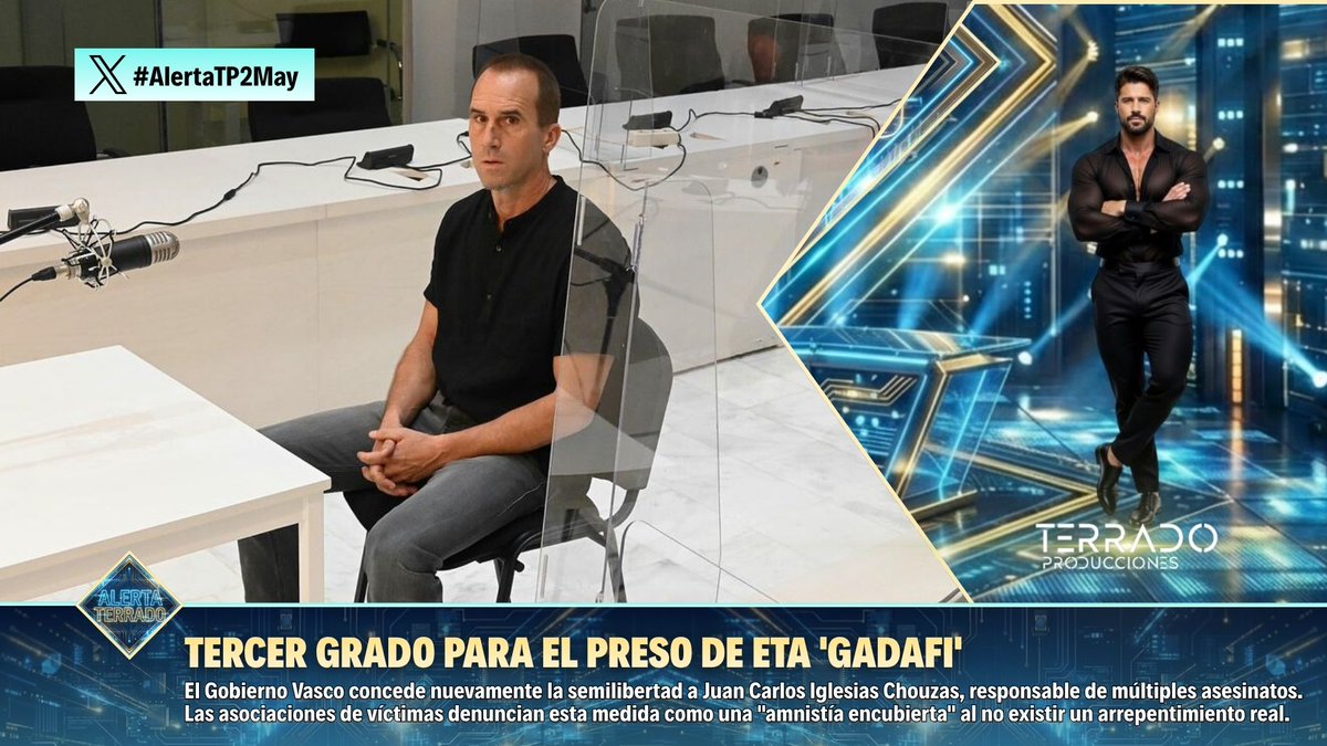 ⚖️ El Gobierno Vasco vuelve a conceder el tercer grado al etarra Juan Carlos Iglesias, "Gadafi".

📉 Las asociaciones de víctimas denuncian un beneficio "fraudulento"

🏛️ La medida llega meses después de que la justicia revocara su  régimen de semilibertad.

⚠️ #AlertaTP2May