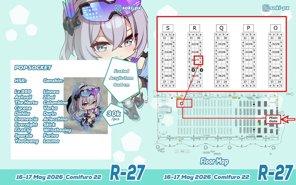 soki_px's tweet photo. We will be back at the #comifuro22 event which will be held on 16-17 May 2026 (Both) ICE BSD City

Booth no. R-27 (Hall 7)

HSR and Genshin Merch Keychain, Standee, Pop Socket, Card Holder, Sticker, Art Print, Freebies, Gacha &amp; more!

For PO more info DM us

#comifuro22catalogue https://t.co/dPjbgoth8X