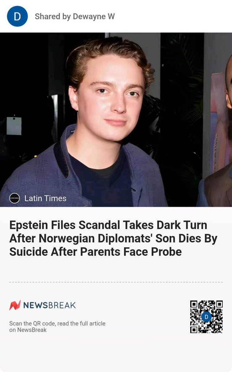 DewayneWit42779's tweet image. Epstein Files Scandal Takes Dark Turn After Norwegian Diplomats' Son Dies By Suicide After Parents Face Probe #Suicide #JeffreyEpstein #Norway #Jordan
share.newsbreak.com/ib0m4ccq