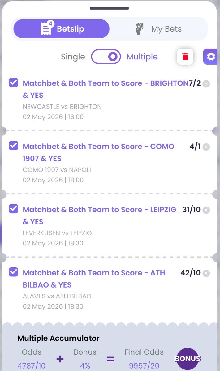 bettingslipguru's tweet photo. 🧾 02/05/2026
💰 478.7/1
🔗 https://t.co/4qOHyL6Xmf

🔮 btts heavy betslip. Wins for Brighton, Como, Leipzig and Bilbao. https://t.co/NQL1QxLsZ9