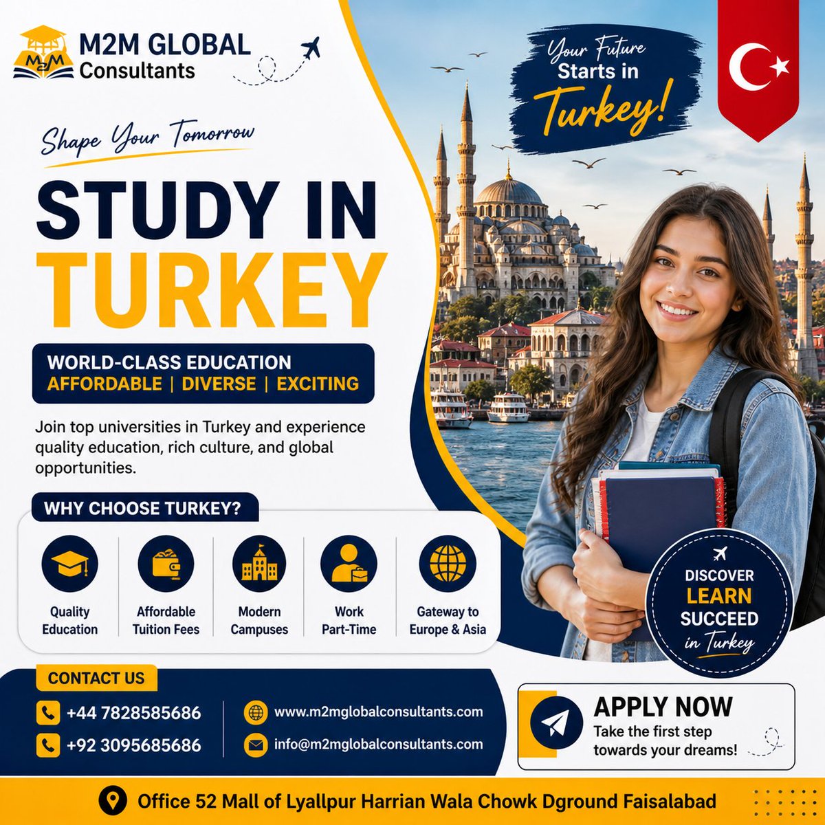 M2MGConsultants's tweet photo. Study in Turkey – the bridge between Europe & Asia! 🇹🇷🎓 📍 Office 52, Mall of Lyallpur, Faisalabad 📞 +92 309 5685686 #StudyInTurkey #M2MGlobal #Faisalabad #StudyAbroad #VisaSuccess2026 https://t.co/01Ozs4DWW2