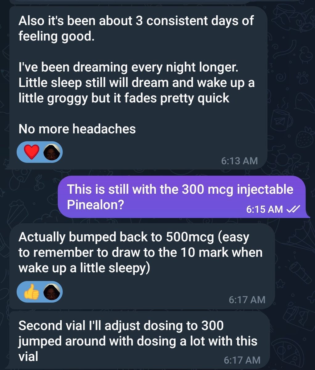 PGC1a_RB's tweet photo. N=2 (two individuals) reports

One with oral Pinealon, one with injectable Pinealon

You know where you can source injectable, I opt for oral, choose your ROA, though I still lean oral for yet to be studied gut biome into brain axis https://t.co/8V5dOx4uNw