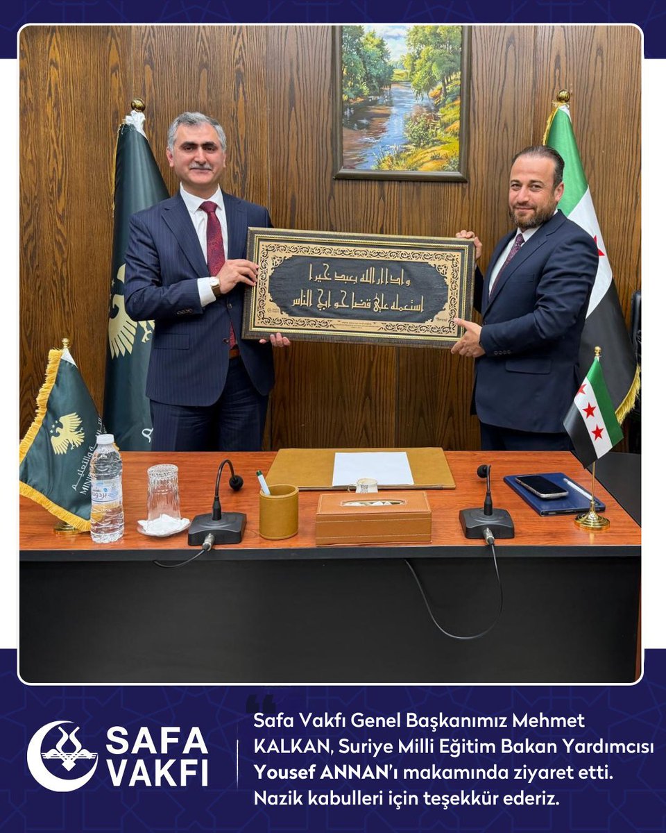 SafaVakfi's tweet photo. Safa Vakfı Genel Başkanımız Mehmet KALKAN, Suriye Milli Eğitim Bakan Yardımcısı Yousef ANNAN’ı makamında ziyaret etti.

Nazik kabulleri için teşekkür ederiz.

@mehmetkalkan_01 

#SafaVakfı #Suriye #Ziyaret #Eğitim https://t.co/aOWB4dir4h