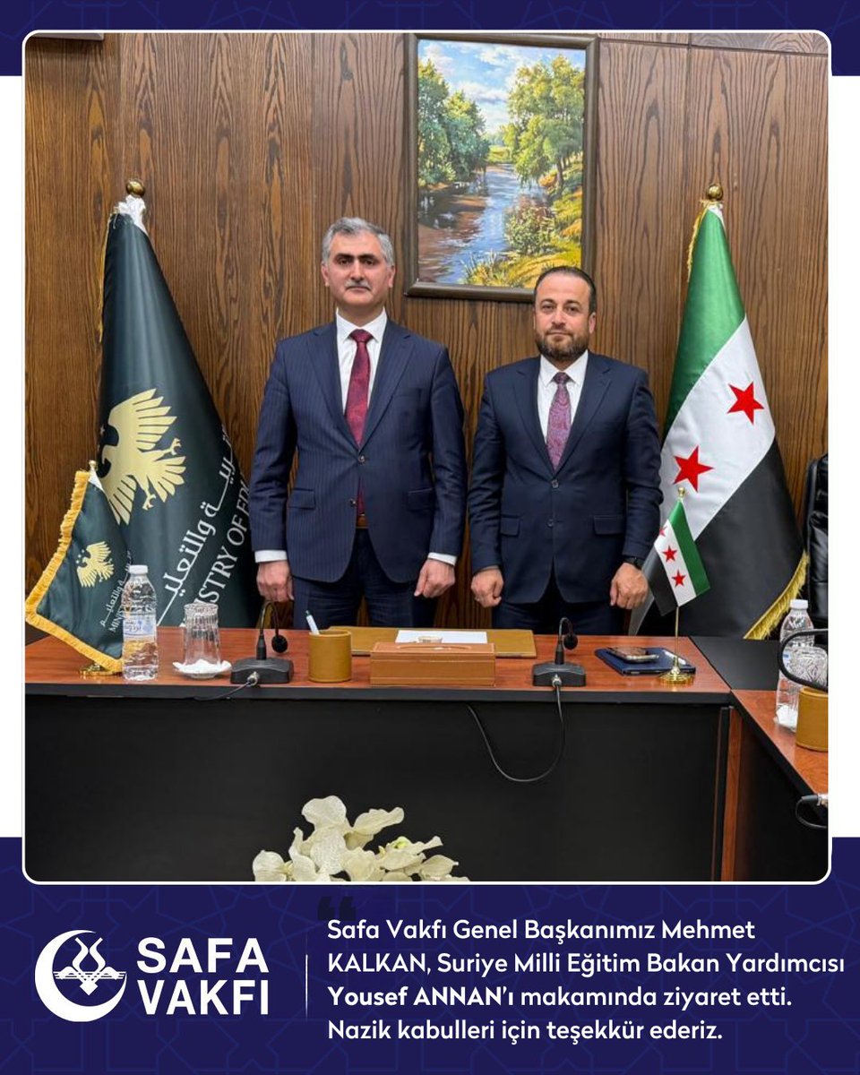 SafaVakfi's tweet photo. Safa Vakfı Genel Başkanımız Mehmet KALKAN, Suriye Milli Eğitim Bakan Yardımcısı Yousef ANNAN’ı makamında ziyaret etti.

Nazik kabulleri için teşekkür ederiz.

@mehmetkalkan_01 

#SafaVakfı #Suriye #Ziyaret #Eğitim https://t.co/aOWB4dir4h