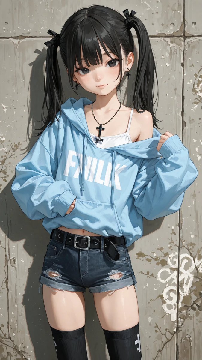 AliceLavli's tweet image. 少しヘソ出し✨
oversized dusty blue knitted zip hoodie, loose off shoulder silhouette slipping down one shoulder, long oversized sleeves covering hands, chunky rib knit texture, partially unzipped front, white fitted camisole layered underneath, ultra low rise dark denim short