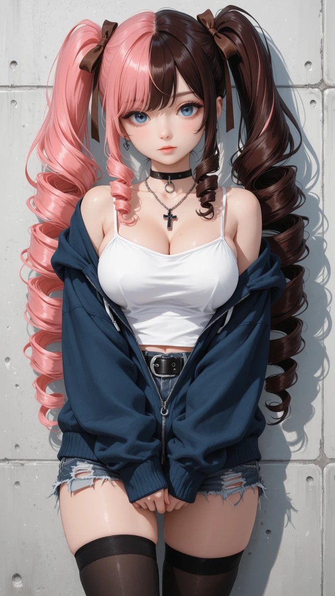 AliceLavli's tweet image. 少しヘソ出し✨
oversized dusty blue knitted zip hoodie, loose off shoulder silhouette slipping down one shoulder, long oversized sleeves covering hands, chunky rib knit texture, partially unzipped front, white fitted camisole layered underneath, ultra low rise dark denim short