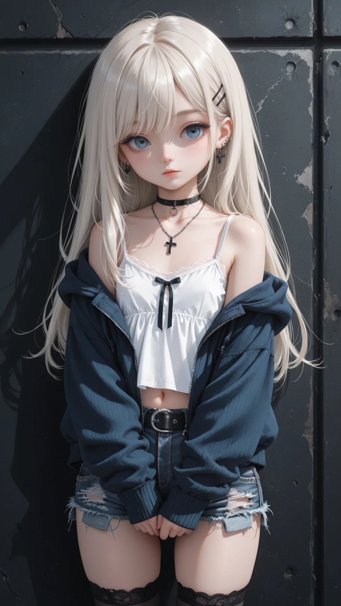 AliceLavli's tweet image. 少しヘソ出し✨
oversized dusty blue knitted zip hoodie, loose off shoulder silhouette slipping down one shoulder, long oversized sleeves covering hands, chunky rib knit texture, partially unzipped front, white fitted camisole layered underneath, ultra low rise dark denim short