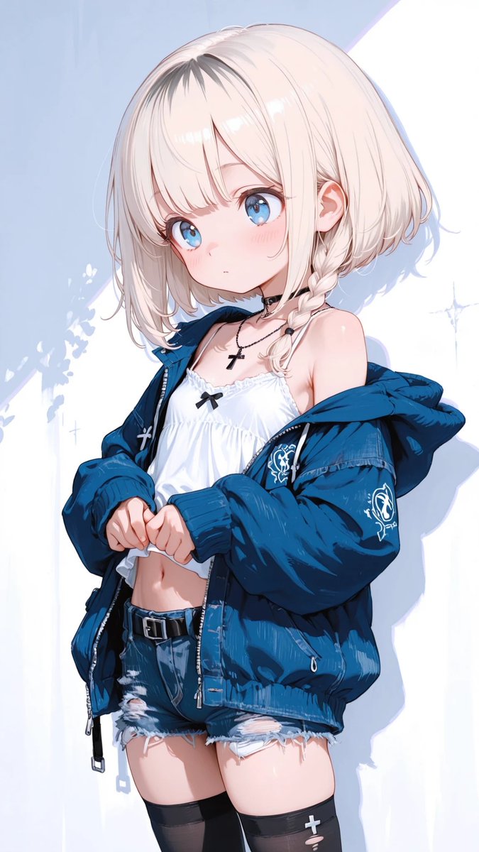 AliceLavli's tweet image. 少しヘソ出し✨
oversized dusty blue knitted zip hoodie, loose off shoulder silhouette slipping down one shoulder, long oversized sleeves covering hands, chunky rib knit texture, partially unzipped front, white fitted camisole layered underneath, ultra low rise dark denim short