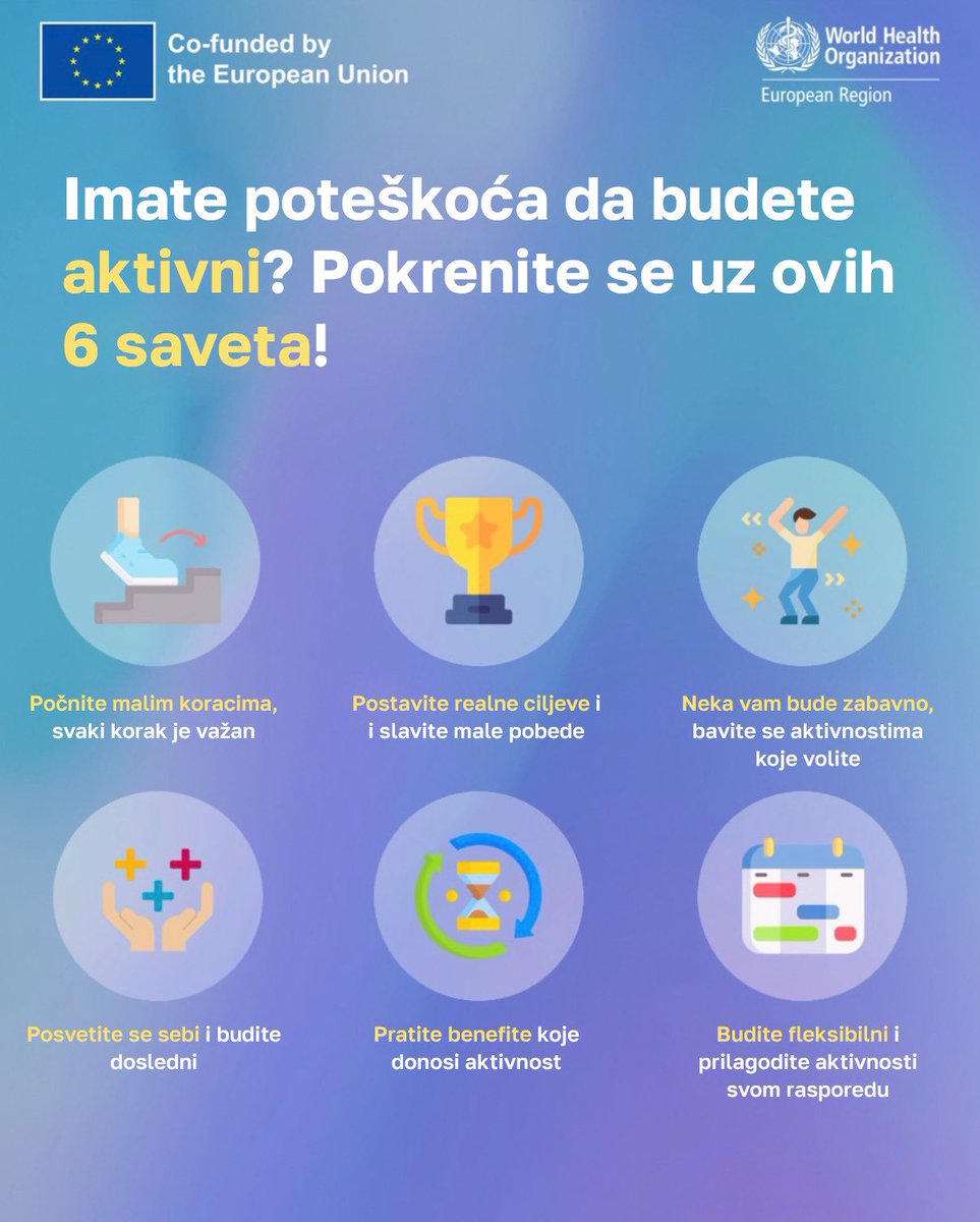 WHOSerbia's tweet photo. Najteže je pokrenuti se i napraviti prvi korak ka fizičkoj aktivnosti. 🏃🏻‍♀️ Ali baš taj korak menja sve!

Više energije, bolje raspoloženje i zdravlje koje osećate svakog dana. Pokrenite se uz ovih 6 saveta! 💪🏼

#fizickaaktivnost #zdravlje https://t.co/VuQBhZTtT9