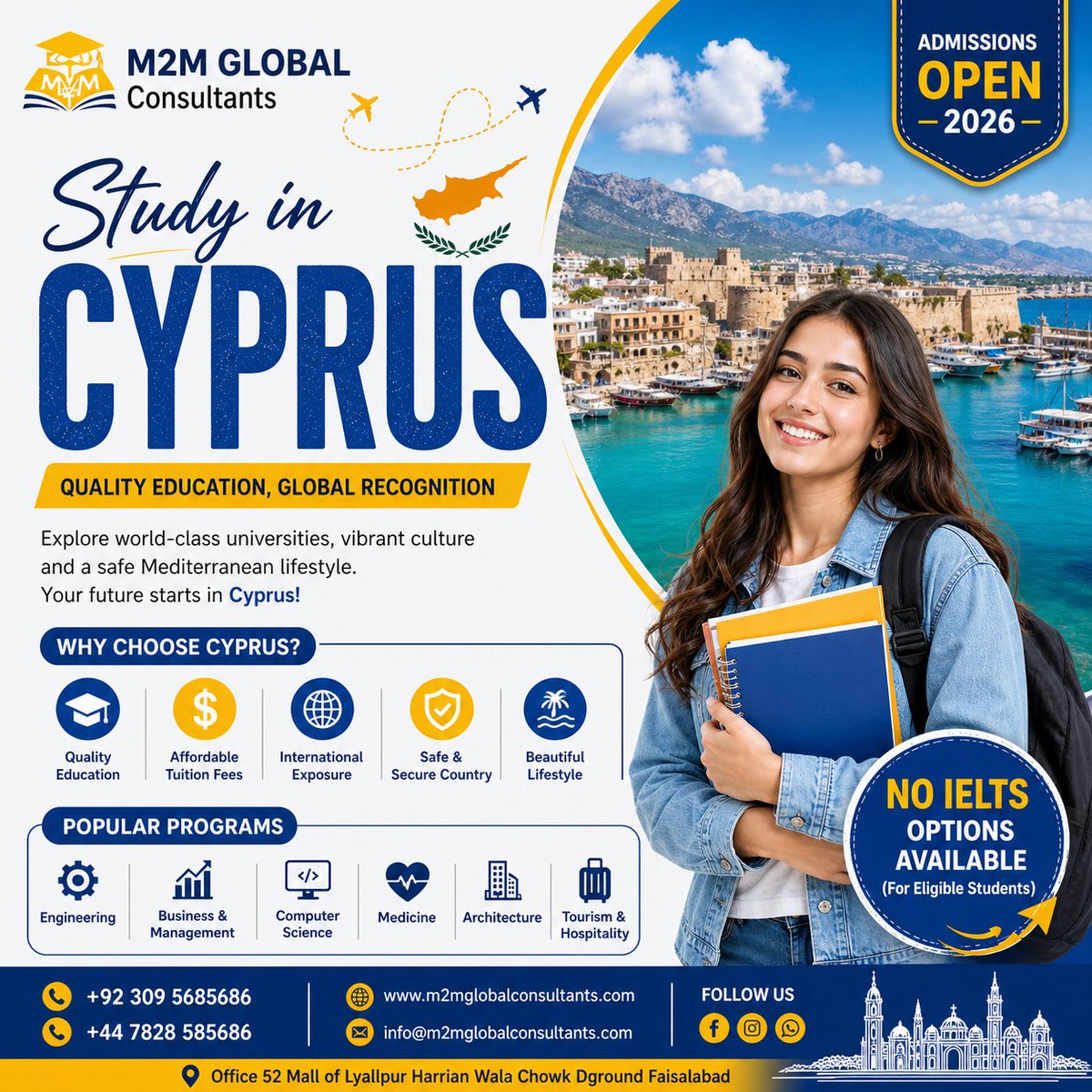 M2MGConsultants's tweet photo. Study in Cyprus – Your gateway to Europe! 🇨🇾🎓 M2M Global Consultants handles your process from start to finish. 🚀 📍 Office 52, Mall of Lyallpur, Faisalabad 📞 +92 309 5685686 #StudyInCyprus #EuropeBound #M2MGlobal #Faisalabad #StudyAbroad #VisaSuccess2026 https://t.co/YeAG2BGcpz