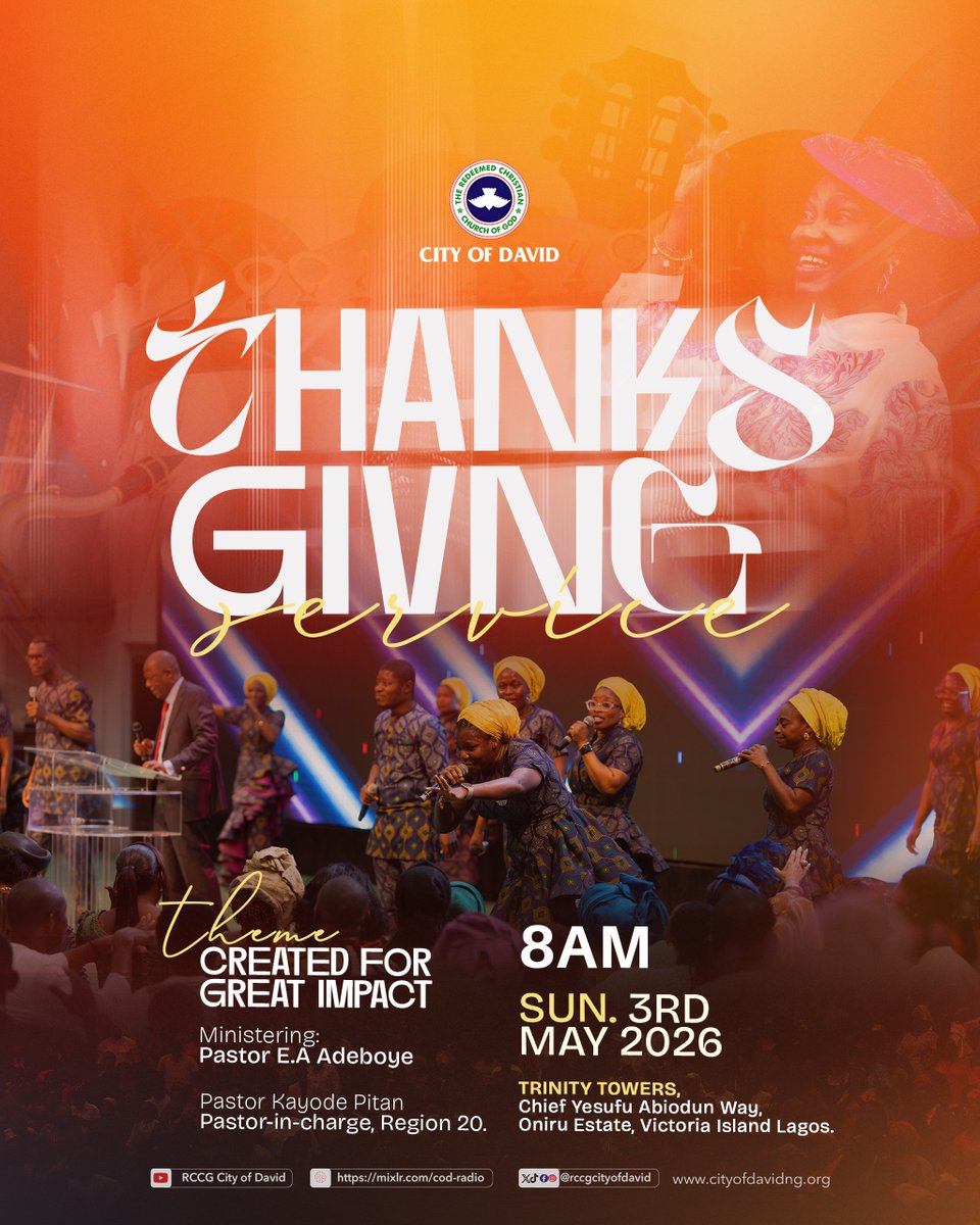 RCCGCityofDavid's tweet image. Thanksgiving is here. 
This Sunday, May 3rd at 8AM, Trinity Towers—one focus: gratitude.

Come ready to sing. Come ready to rejoice. Come ready to give thanks.

#thanksgiving #sundayservice #lagoschurch #rccgcityofdavid #rccg