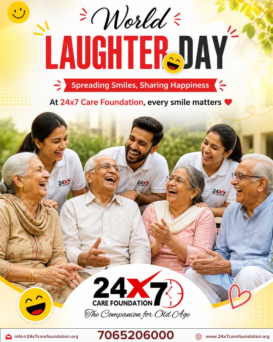 24x7Foundation's tweet image. हँसी सिर्फ खुशी नहीं, बल्कि सेहत और अपनापन भी देती है।
विश्व हास्य दिवस पर 24x7 Care Foundation वरिष्ठ नागरिकों के साथ मुस्कान और सकारात्मकता बाँटने का संकल्प दोहराता है। 💛
आइए, हर बुजुर्ग के चेहरे पर मुस्कान लाएँ। 🌸
#WorldLaughterDay #24x7CareFoundation #NGOIndia #Happiness