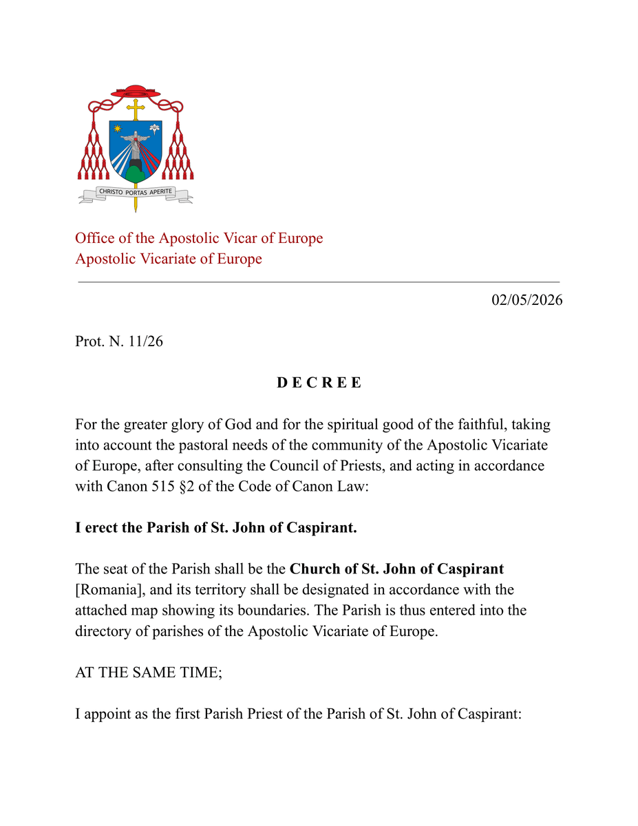 EuropeanRo25069's tweet photo. This afternoon, a Decree was promulgated in which H.E. Jan Cardinal Głowacz, Vicar Apostolic of Europe, announced the establishment of the Parish of St. John Caspirant [Romania]. He appointed Fr. Alexandru Bota as the First Parish Priest and Fr. Ivan Kuzyk as the Resident Priest. https://t.co/Na5NjoF1rv
