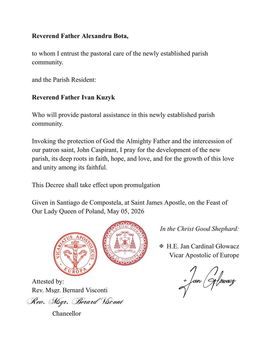 EuropeanRo25069's tweet photo. This afternoon, a Decree was promulgated in which H.E. Jan Cardinal Głowacz, Vicar Apostolic of Europe, announced the establishment of the Parish of St. John Caspirant [Romania]. He appointed Fr. Alexandru Bota as the First Parish Priest and Fr. Ivan Kuzyk as the Resident Priest. https://t.co/Na5NjoF1rv