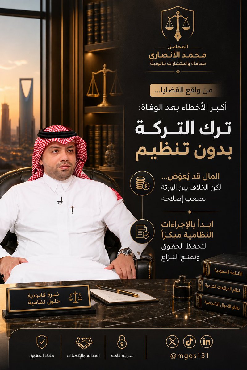 mges131's tweet photo. من واقع القضايا…
أكبر الأخطاء بعد #الوفاة ترك #التركة بدون تنظيم

#المال قد يُعوّض
لكن الخلاف بين #الورثة يصعب إصلاحه

ابدأ بالإجراءات النظامية مبكراً
لتحفظ الحقوق وتمنع النزاع
@fayez_malki 

#تركات #قضايا #محمد_الانصاري #محامي #قانون https://t.co/PVNC41bL7k