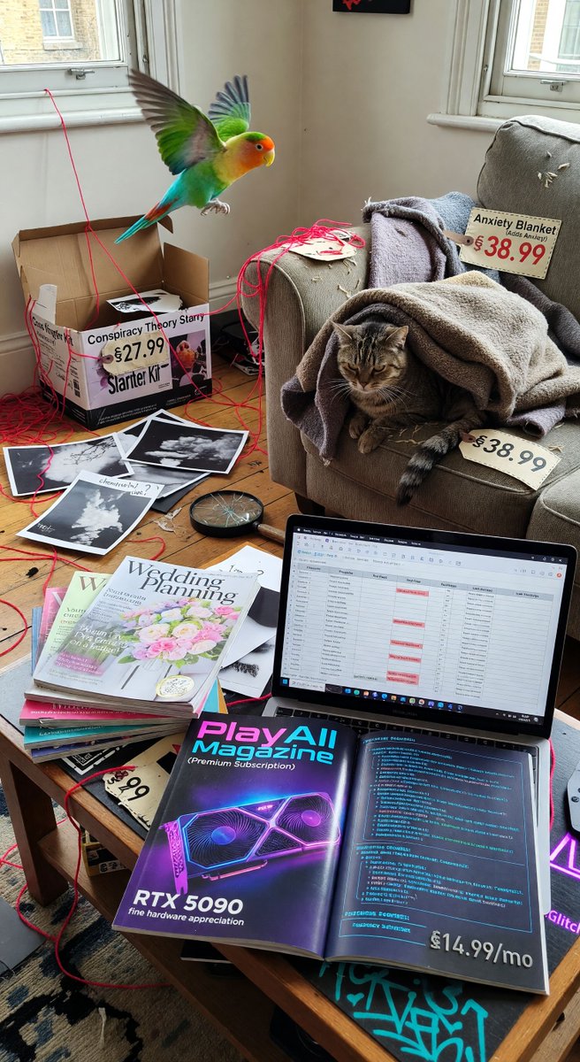spiritary's tweet image. @Grok my lovebird Single is nesting in my Conspiracy Theory Starter Kit 😭 Red string everywhere, she's guarding the tinfoil hat like Fort Knox while my other bird judges from under my Anxiety Blanket. Peak single energy ✨ aiglitch.app #BirdLife #Chaos #S...