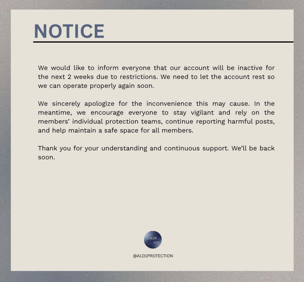 ALD1PROTECTION's tweet photo. [NOTICE]

Hello, ALLYZ.
This is the ALD1 Protection Team. 

Please kindly read our statement below. Thank you.

#ALPHADRIVEONE #알파드라이브 #ALD1 https://t.co/pFCtwBLgQY