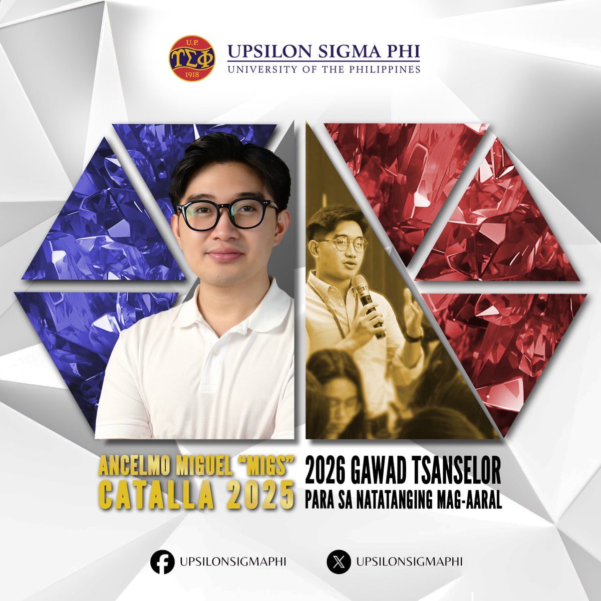 upsilonsigmaphi's tweet photo. The Upsilon Sigma Phi congratulates 𝗙𝗲𝗹𝗹𝗼𝘄 𝗔𝗻𝗰𝗲𝗹𝗺𝗼 𝗠𝗶𝗴𝘂𝗲𝗹 “𝗠𝗶𝗴𝘀” 𝗠. 𝗖𝗮𝘁𝗮𝗹𝗹𝗮 𝟮𝟬𝟮𝟱 for being conferred Gawad Tsanselor sa Natatanging Mag-aaral Award 2026 in the University of the Philippines Diliman.

Gawad Tsanselor sa Natatanging Mag-aaral https://t.co/YbHRn4divR