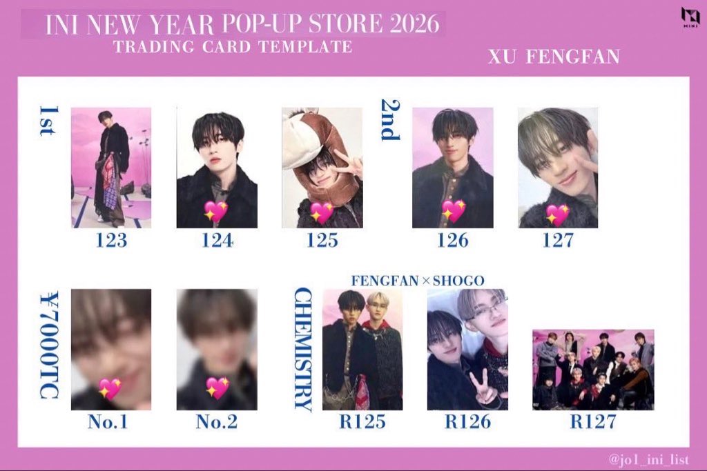 97wmf's tweet photo. INI NEW YEAR POPUP STORE 2026 トレカ 特典 交換 7000円トレカ
【譲】1枚目の画像のもの
池﨑 尾崎 後藤 佐野 西 藤牧 松田
【求】2,3枚目の💖のもの
木村≫許
異種交換🙆‍♀️
5/18のアフパ手渡しor郵送での取引可能な方リプかDMよろしくお願いいたします。 https://t.co/zpMjKoYZ5g