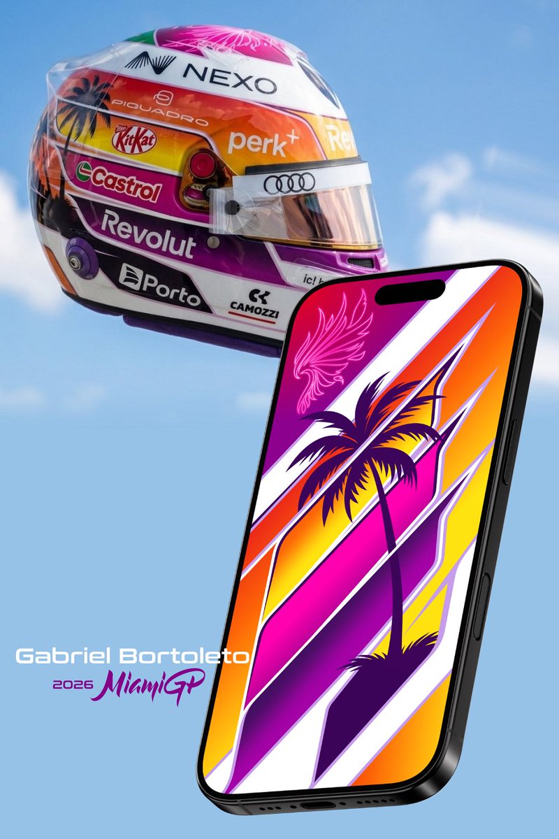 Repliqart's tweet photo. #F1 Miami weekend has started! 🌴🏁
Make it even more atmospheric with this unofficial fan-art phone wallpaper inspired by #GabrielBortoleto 2026 #MiamiGP special helmet.￼ https://t.co/eFtU56qTlp