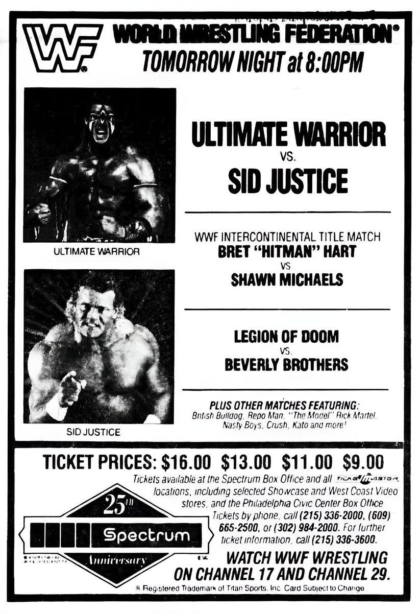 WWFWrestling1's tweet image. On this day in 1992: The World Wrestling Federation hits the Philadelphia Spectrum! 🤼 #WWF #WWE #Wrestling #SidJustice #UltimateWarrior