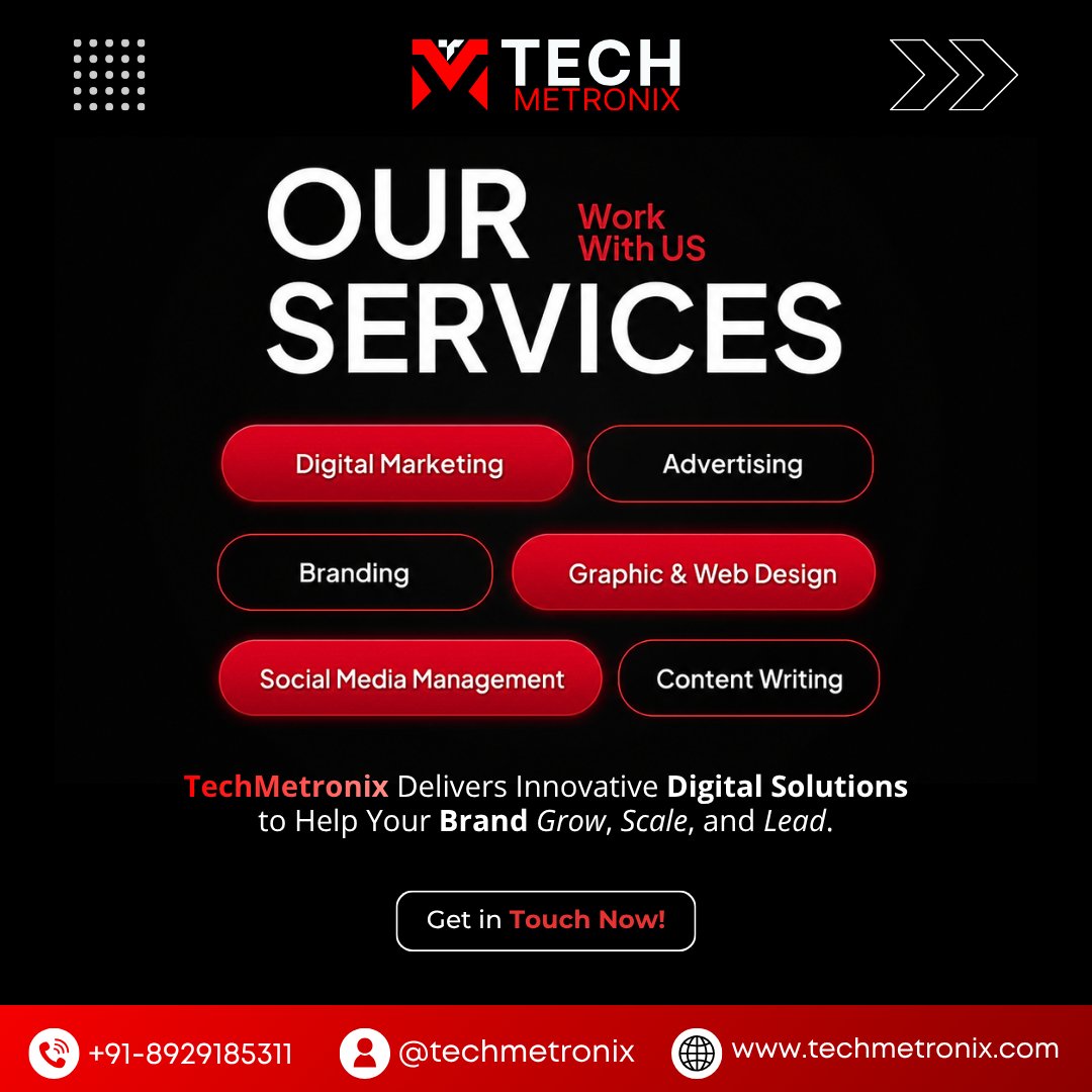 TechMetronix's tweet image. 🚀 Your Growth Starts Here!

From Digital Marketing to Branding, we provide end-to-end solutions to help your business grow, scale, and lead in the digital world.

Let Techmetronix turn your ideas into impactful results. 💡

#Techmetronix #DigitalSolutions  #Branding
