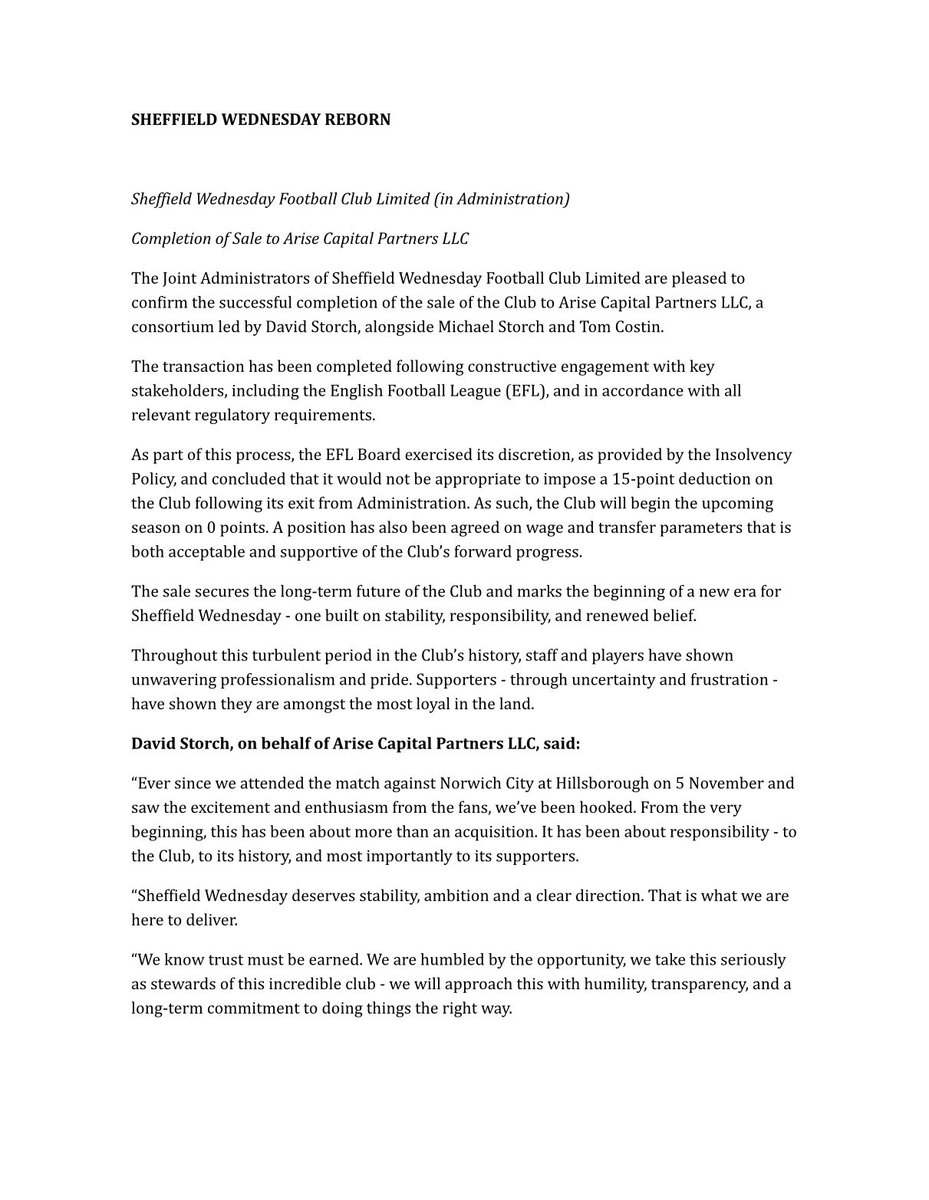 robstaton's tweet photo. Statement confirming Sheffield Wednesday’s takeover by the David Storch led Arise Capital is complete and that #SWFC will start next season without a points deduction https://t.co/9Pq00VJ8aH