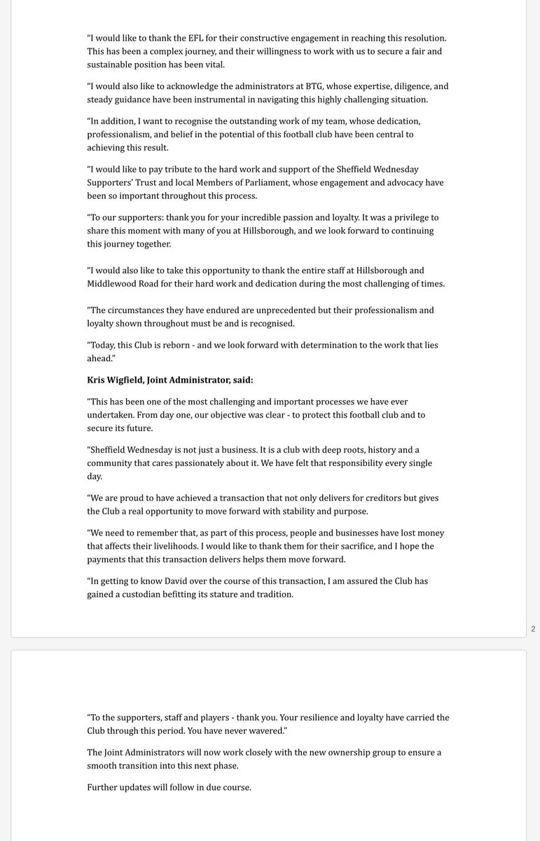 Statement confirming Sheffield Wednesday’s takeover by the David Storch led Arise Capital is complete and that #SWFC will start next season without a points deduction