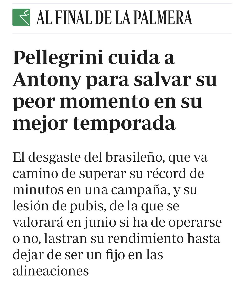 Pellegrini confirma en rueda de prensa lo que apuntamos hace dos semanas: a final de temporada se valorará si Antony se opera o no abc.es/deportes/alfin… <a href="/AFDLP/">AlfinaldelaPalmera</a> #Betis