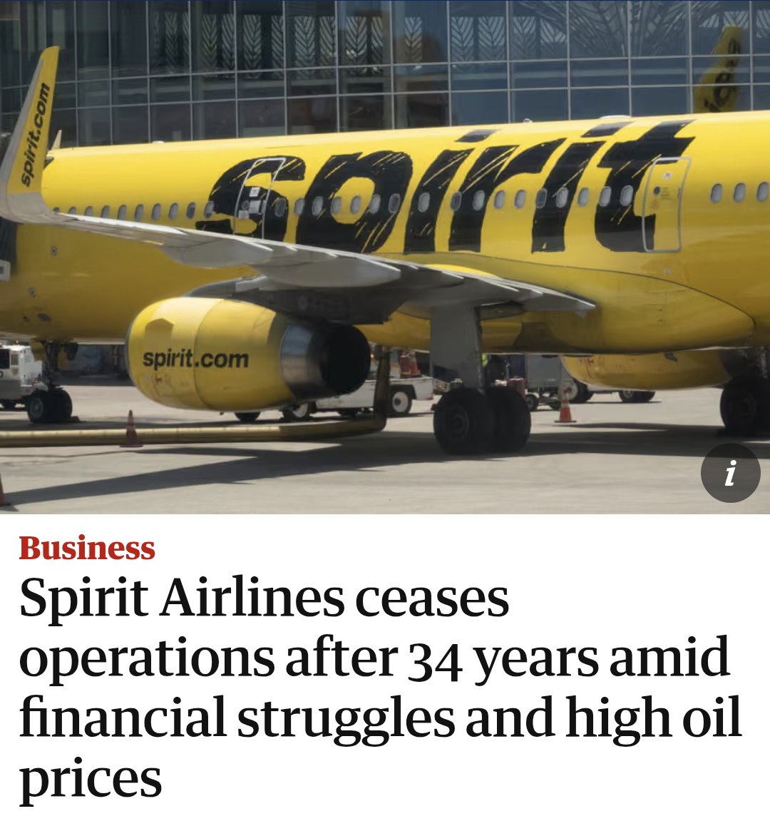 🚨 ÚLTIMA HORA 

Spirit Airlines ha cesado hoy formalmente operaciones tras haberse declarado en bancarrota.

La compañía aérea ya no tomará más vuelos a partir de hoy. Todas las rutas canceladas.