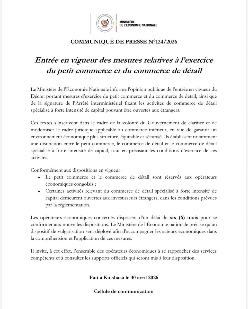 EconatRDC's tweet photo. #RDC : COMMUNIQUÉ DE PRESSE N°124/2026

Entrée en vigueur des mesures relatives à l’exercice du petit commerce et du commerce de détail https://t.co/srgnKgtDCM