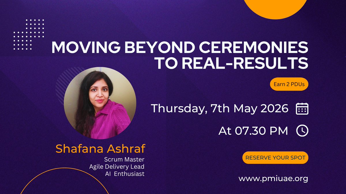 PMIUAEChapter's tweet photo. Moving beyond Agile ceremonies to real results ⚡

Join us May 7 at 7:30 PM GST for strategies on:
✅ Breaking dependency bottlenecks 
✅ Improving delivery visibility 
✅ Using AI for faster decisions

Register: https://t.co/r60or75e9e

@PMInstitute 
@PMIMENA 
#PMI #PMIUAE https://t.co/laXUnpAnF8