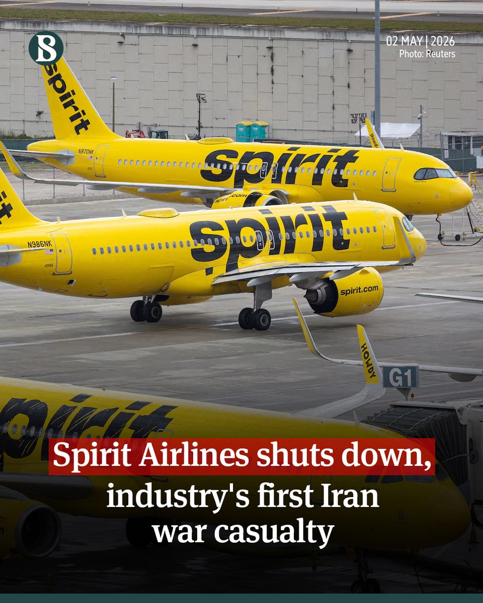 tbsnewsbd's tweet photo. Bankrupt discount carrier Spirit Airlines ceased operations on Saturday (2 May), the industry's first casualty linked to the Iran war, after failing to secure creditor support for a US government bailout plan.
Link in comments
#spiritairlines #ShutsDown #TBSNews https://t.co/QgLpedUXsG