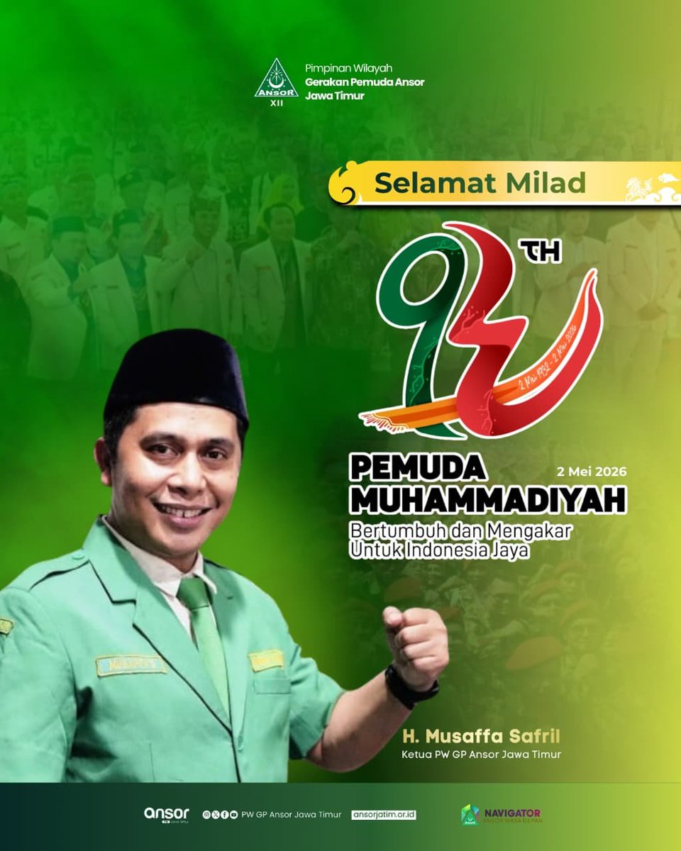 pwansorjatim's tweet photo. Selamat Milad ke 94 Pemuda Muhammadiyah semakin "Bertumbuh dan Mengakar untuk Indonesia Jaya" 02 Mei 1932 - 02 Mei 2026

#AnsorJatim
#NavigatorAnsorMasaDepan 
#MiladPemudaMuhammadiyah94 https://t.co/90mFNzcRjt