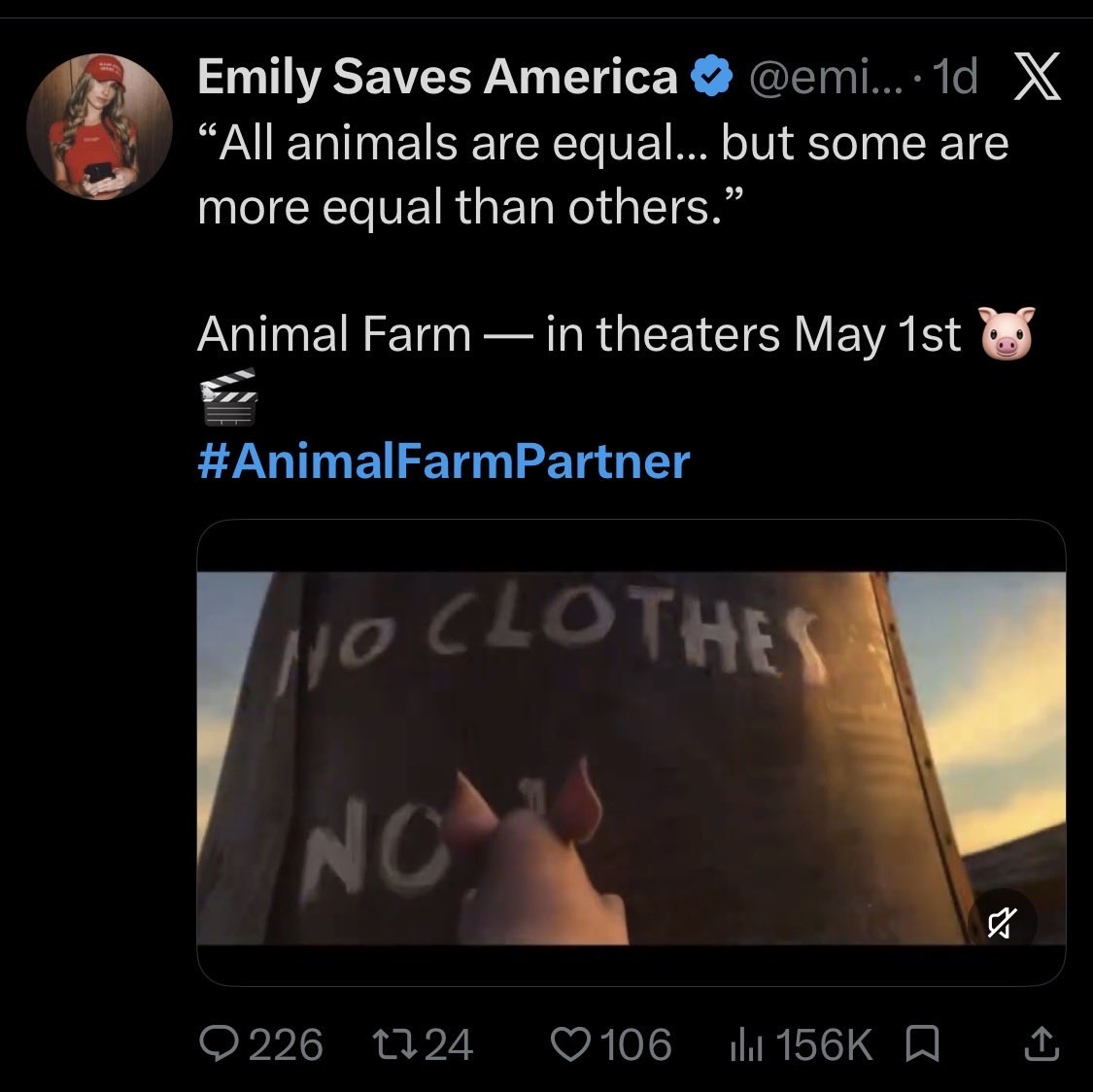 Knesix's tweet photo. Blocking all of these @animalfarmpartner clowns. 

I don't mind people accepting sponsors but this is a credibility-destroying conflict of interest because it's based on principles and ideology that directly opposes their 'conservative' branding.

They 100% the anti-communist message of Orwell's original was subverted to "anti capitalist" by a woke director and cast. They got the money anyway.