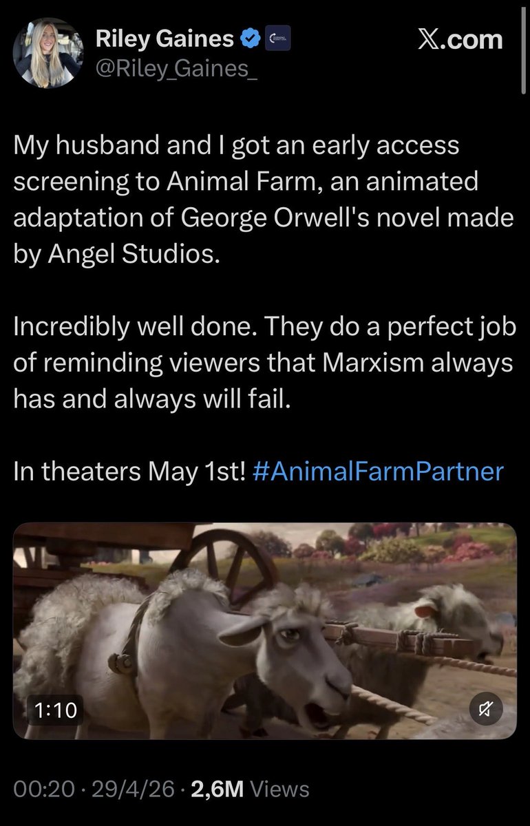 Knesix's tweet photo. Blocking all of these @animalfarmpartner clowns. 

I don't mind people accepting sponsors but this is a credibility-destroying conflict of interest because it's based on principles and ideology that directly opposes their 'conservative' branding.

They 100% the anti-communist message of Orwell's original was subverted to "anti capitalist" by a woke director and cast. They got the money anyway.