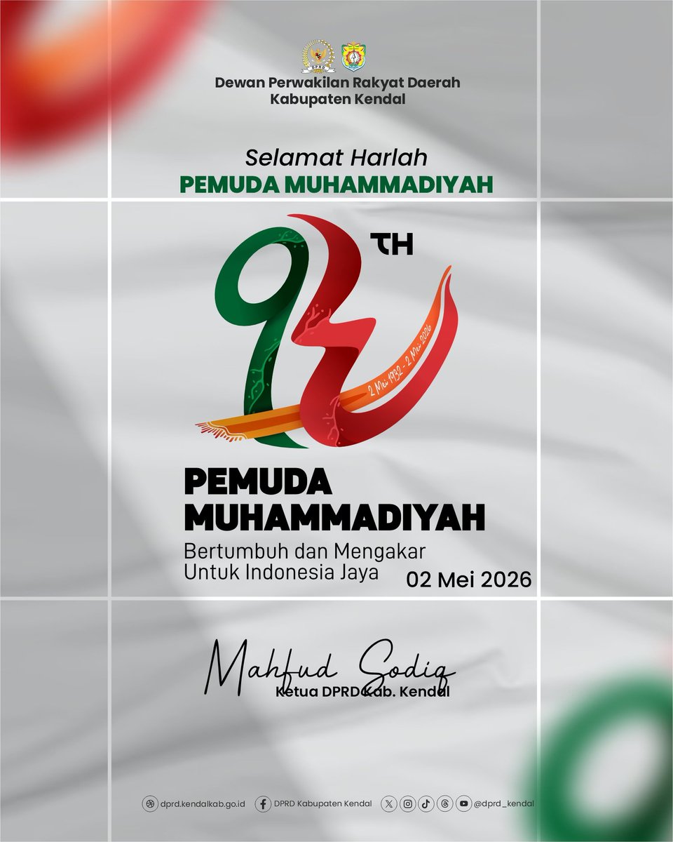 dprd_kendal's tweet image. Selamat Harlah Pemuda Muhammadiyah
Ke-93

Bertumbuh dan Mengakar Untuk Indonesia Raya

02 Mei 2026

#dprd #dprdkendal