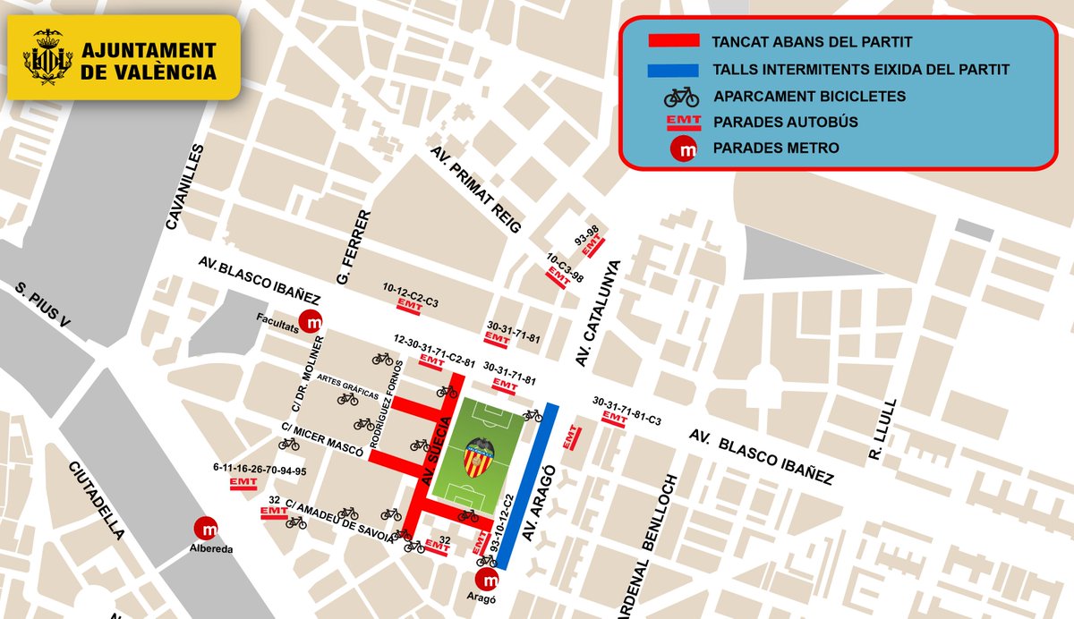 AjuntamentVLC's tweet photo. ⚽️ A 📍 #Mestalla, hui hi ha partit de @LaLiga entre el @valenciacf i el @Atleti.

⏰ De 16:15 a 18:15 hores.

⚠️ Recomanem fer ús del transport públic 🚍🚇 o desplaçar-se a peu o amb bicicleta.

🔽 Consulta el plànol de @TransitValencia https://t.co/hMW7d7shYc