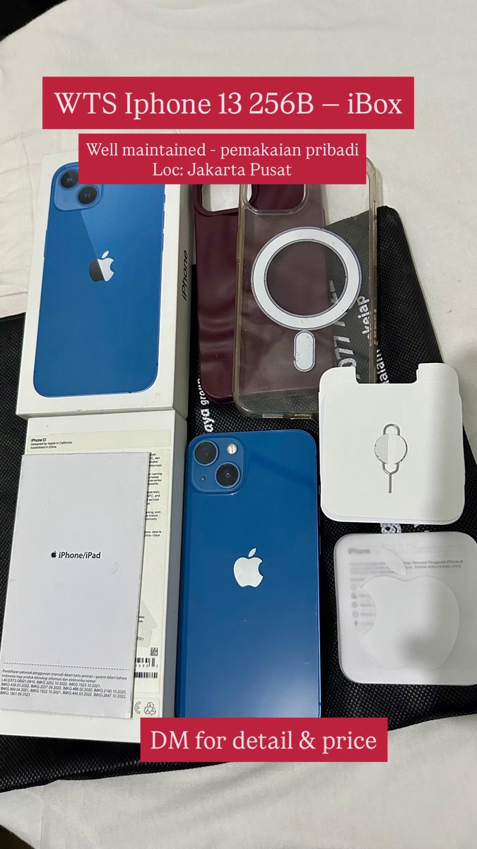 sIeetheryn's tweet image. WTS iPhone 13 256GB iBox.

Kondisi mulus, pemakaian pribadi  
Full set lengkap + terawat  

📍 Jakarta Pusat  

Serious buyer only — nego tipis yaa.

DM for price! 📩

#WTSiPhone #iPhone13 #iPhoneSecond #iPhone256GB #iBoxIndonesia #JualiPhone