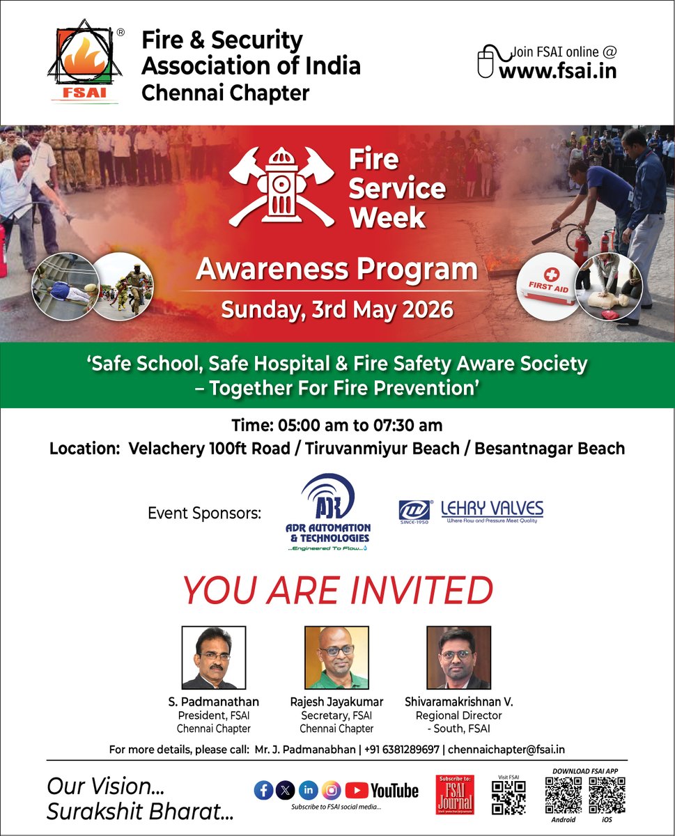 FSAIIndia's tweet photo. 🔥 FSAI Chennai Fire Service Week Awareness Program

📅 May 3 | ⏰ 5 AM
📍 Chennai Beaches
Promoting fire safety awareness for a safer society
👉 Join the movement

#FireSafety #FSAI #FireServiceWeek #SafetyFirst #ChennaiEvents https://t.co/WvS392S56H