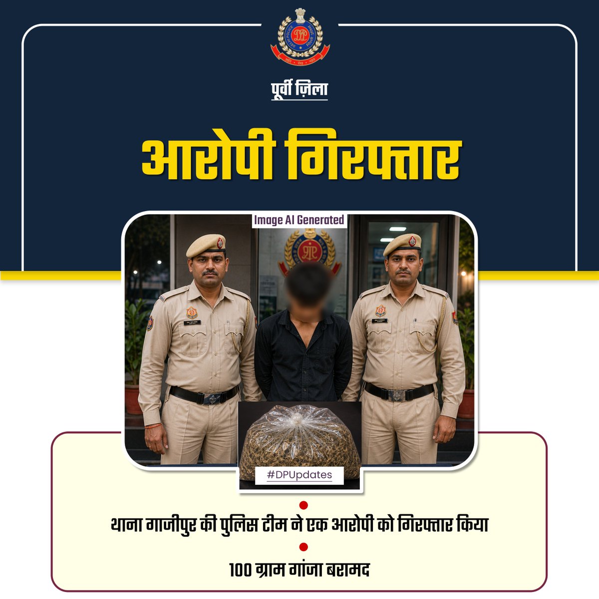 DCPEastDelhi's tweet image. पूर्वी ज़िला के थाना गाजीपुर की पुलिस टीम ने गश्त के दौरान एक संदिग्ध व्यक्ति को देखा, जो पुलिस को देखकर भागने लगा। टीम ने तत्परता दिखाते हुए पीछा कर उसे पकड़ लिया।

तलाशी के दौरान आरोपी के कब्जे से 100 ग्राम गांजा बरामद हुआ।

#DPUpdates #DelhiPolice #EastDistrict 
#DPCares