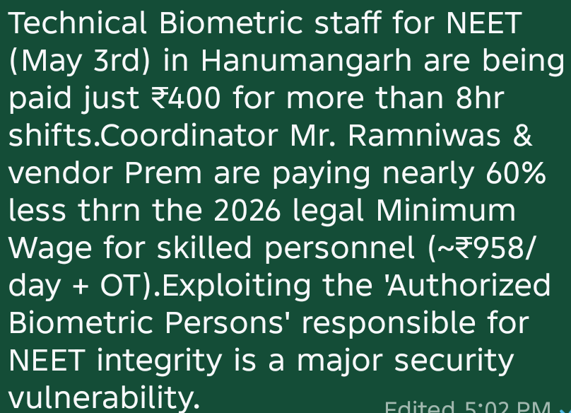 kkumar111karan's tweet image. @NTA_Exams  @EduMinOfIndia @dpradhanbjp @PMOIndia
Security Breach Alert! 🚨 

 @NTA_Exams must audit @REIL_Jaipur &amp;amp; @Innovatiview  payroll immediately. 
⚖️#NEET2026 #NTA #WageTheft #ExamSecurity #LabourLaws #Rajasthan