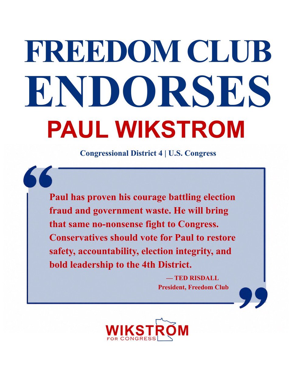 Wikstrom2026's tweet photo. It’s an honor to receive the endorsement from the Freedom Club! Together we can fight for freedom and make Minnesota a much better place than it is right now! #wikstrom #wikstromforcongress #freedomclub #mncd4 https://t.co/ONZ8qKugNZ